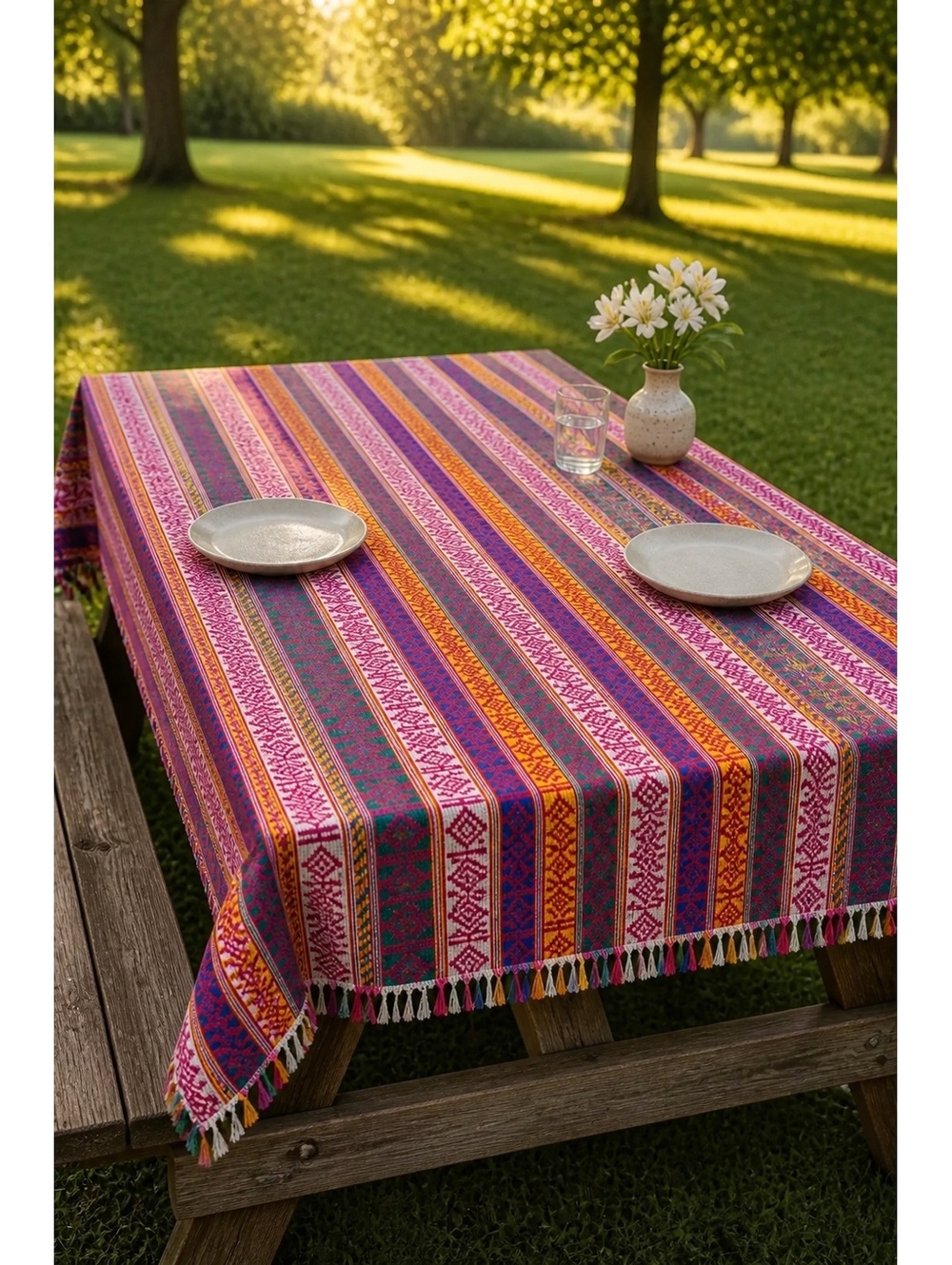 Vintage Woven Tablecloth Multicolor Boho Southwestern Fringed 56x39